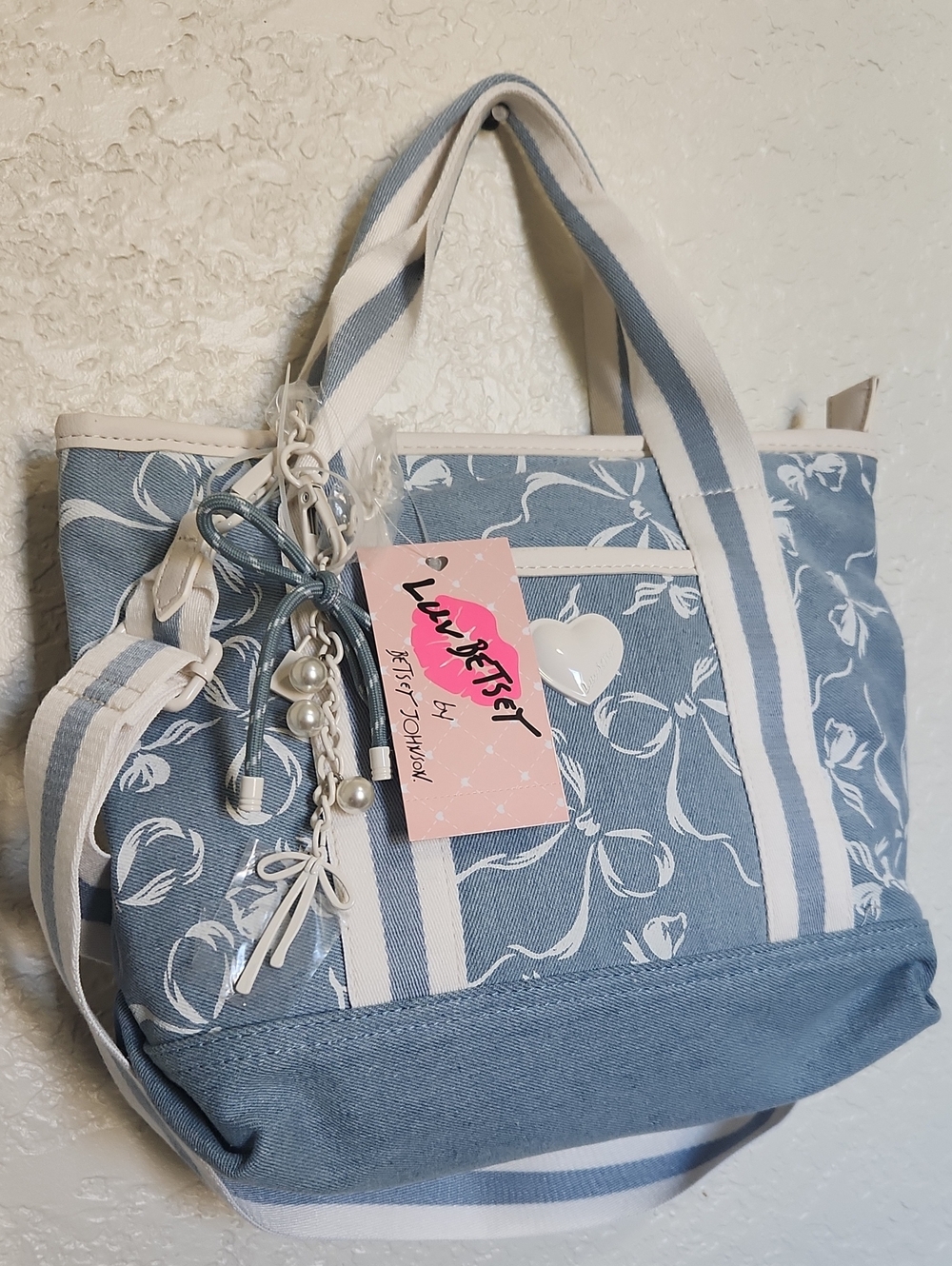 Betsey Johnson Denim Light Blue & White Floral Canvas Tote with Charm